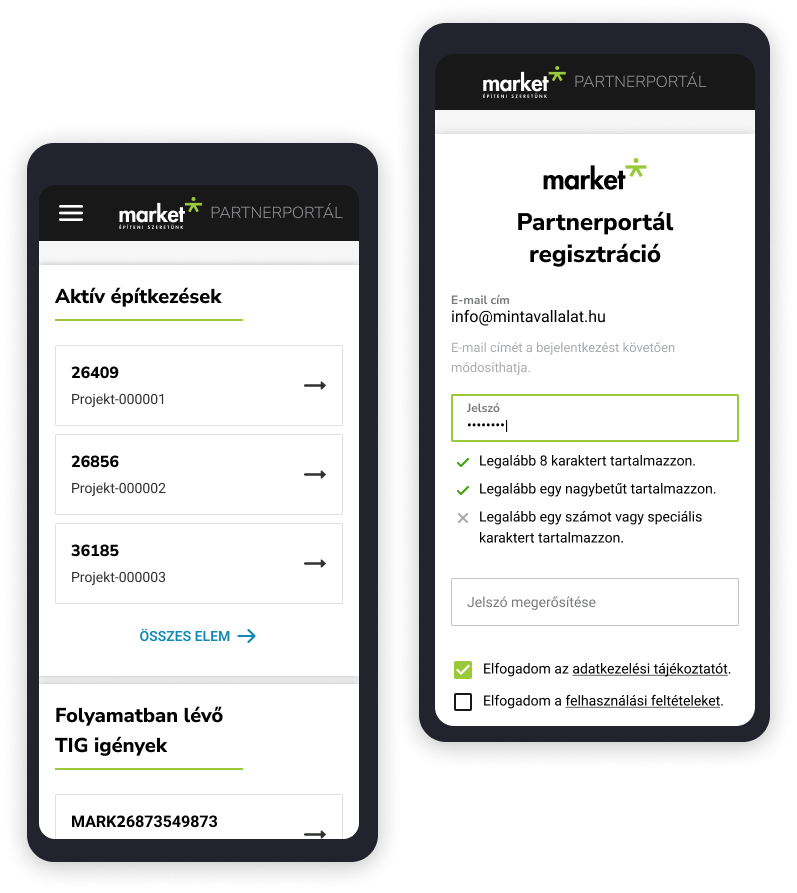 Market Partnerportál alkalmazás képernyők
