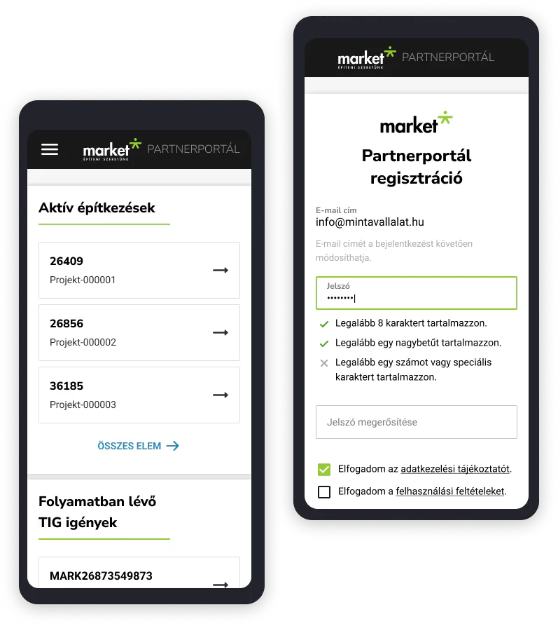 Market Partnerportál alkalmazás képernyők
